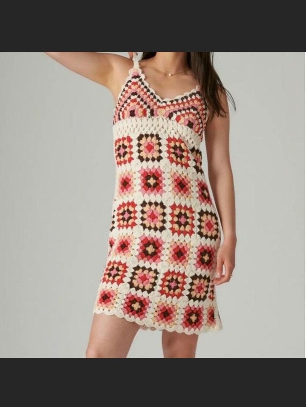 Lucky Brand Crochet Granny Square Sheath Boho Hippy Y2K Dress